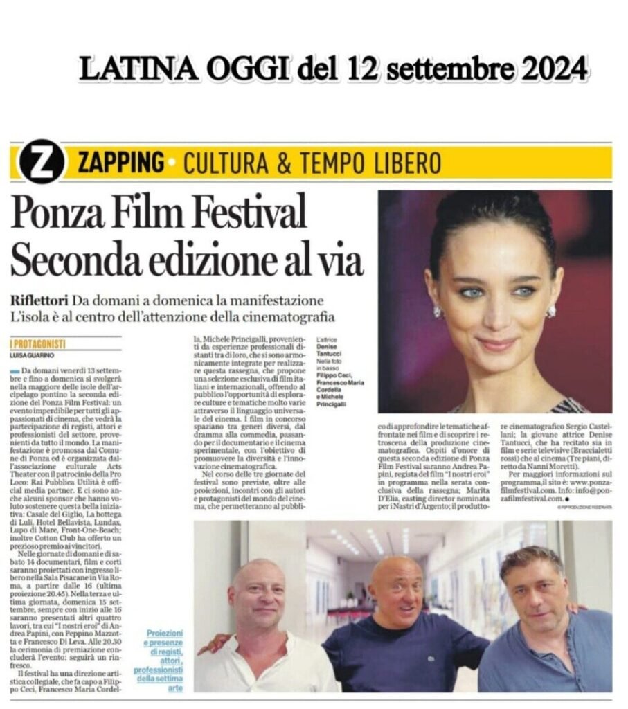 Ponza Film Festival September 2024 Award Ceremony 1 Articolo su Latina Oggi del 12/9/2024